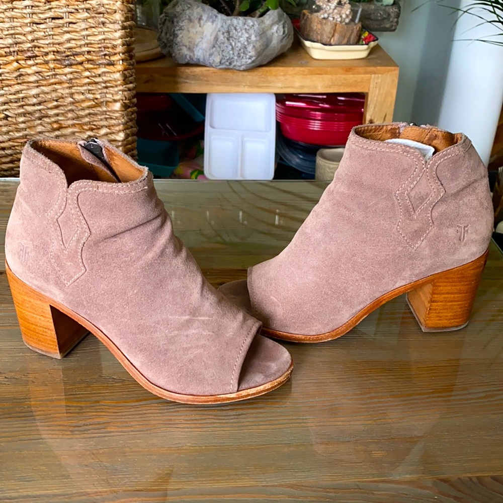 Frye Taupe Suede Peep-Toe Ankle Booties